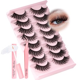 Ahrikiss Lashes Fluffy False Eyelashes Natural Look Cat Eye Lashes 8 Pairs Faux Mink Lashes Wispy Eyelashes Kit with Glue and Tweezers Soft Lightweight Fake Eyelashes (Fancy)