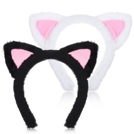 Prasacco Pack of 2 Cat Ears Headband, Cute Cat Ears Hairband, Soft Plush Headband for Role Play, Music Festivals, Theme Parties, Halloween, Carnival, Face Wash (Black, White)