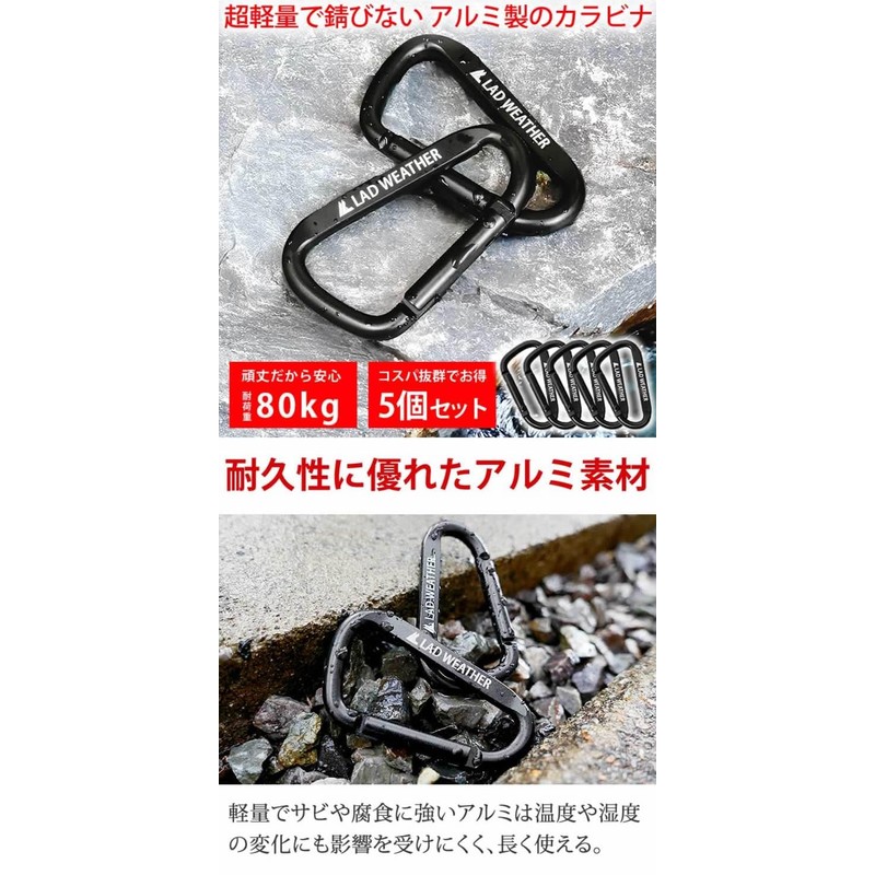 [ラドウェザー] カラビナ キーホルダー 軽量で錆びないアルミ製 コスパ の5個セット 耐荷重80kg 防災グッズ キャンプ キーリング