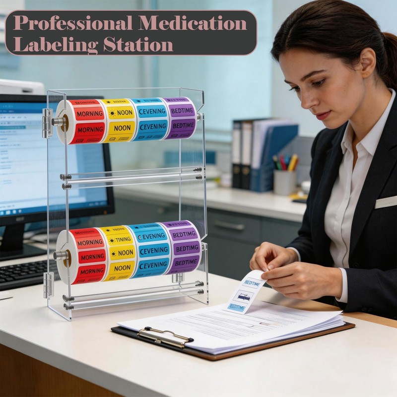 Double-Layer Acrylic Sticker Roll Dispenser, Adjustable Label Organizer for 12