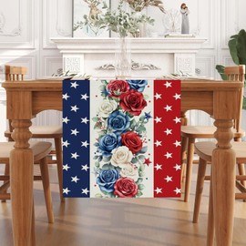 QIONG MENG 4th of July Table Runner Red White and Blue Flowers Stripe Stars 13x108 Inch Memorial Day Independence Day Patriotic Kitchen Table Decoration for Home