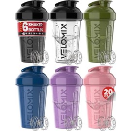 VELOMIX -6 PACK- 20 oz Protein Shaker Bottle for Protein Mixes - 6x Wire Whisk | Leak Proof Shaker Cups for Protein Shakes| Stackable Protein Shaker Bottle Pack | Dishwasher Safe (Muted Contrast)