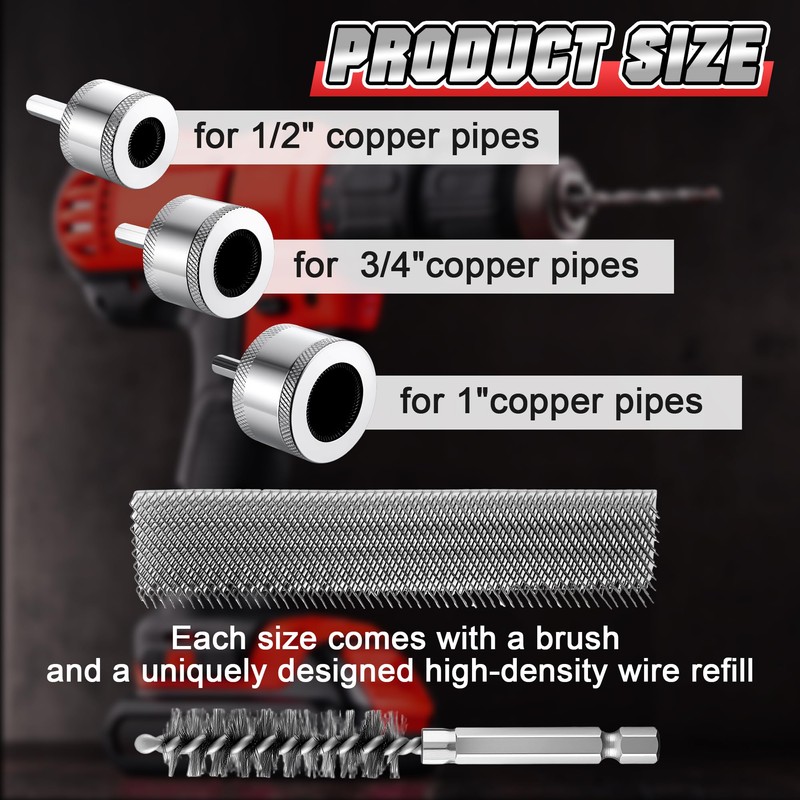 1/2"&3/4"&1" Copper Pipe Cleaner for Drill with 1/4" Hex Shank