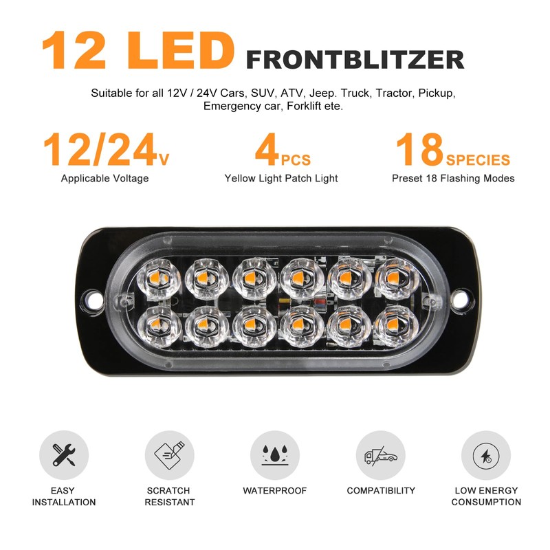 DREAMIZER Car Flashing Light Warning Light, 4PCS 12 LEDs Emergency