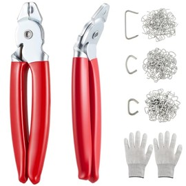 300 Pcs Hog Rings with 2 Pcs Hog Ring Pliers Kit, Straight & 45° Bent, 3/4", 1/2", 3/8" Galvanized Steel, a Pair of Gloves for Animal Cages Ropes, Bags, DIY ＆ Auto Upholstery Repairs(Red)
