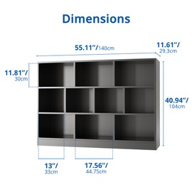 Cozy Castle Black Bookshelf, 3-Tier Open Shelf Bookcase, 10 Cube Storage Organizer with Anti-Tilt Device for Bedroom, Living Room, 55.11" W x 11.61“D x 40.94“H