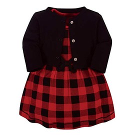 Touched by Nature Baby Girls' Organic Cotton Dress and Cardigan, Buffalo Plaid, 6-9 Months