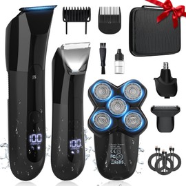 Qreeyx Beard Trimmer for Men Groin & Body Hair Trimmer, Nose & Ear Clipper Head Razors for Bald Men, 5 in 1 Waterproof Manscape Kit with Travel Case, LED Display, Grooming Kit Gift for Him