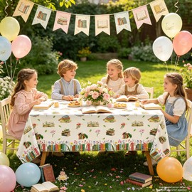 4 Pack Book Table Cloth Book Themed Tablecloth Library Reading Theme Party Decorations Storybook Party Table Covers for School Party Baby Shower Teacher Appreciation Education Supplies 51X86IN