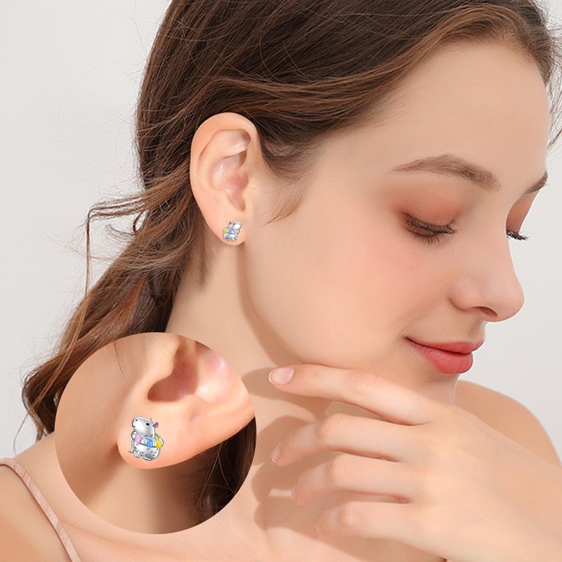 HOOHWE Capybara Earrings 925 Sterling Silver Capybara Swimming Ring Stud