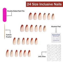 Press on Nails Medium Almond SWEKKE French Tip Fake Nails Leopard Print False Nails with Golden Swirl Designs Glossy Glue on Nails Brown Stick on Nails Acrylic Nails for Women Girls 24Pcs