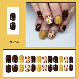 Fall Leaf Press on Nails Short Square Fake Nails Maple Leaf Glue on Nails Brown Yellow False Nails Glossy Full Cover Artificial Acrylic Stick on Nail for Women Girls Autumn Manicure 24Pcs