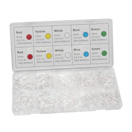 DiCUNO 1000pcs 3mm Light Emitting Diode LED Lamp Assorted Kit White Red Yellow Green Blue Lights Round Head and Clear Len Bulbs (5 Colors x 200pcs)