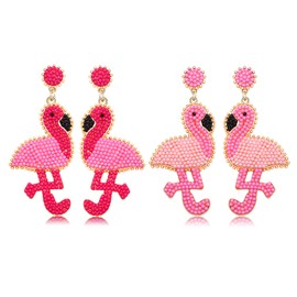2 Pairs Flamingo Earrings for Women Beaded Boho Tropical Bird Earrings Cute Pink Flamingo Animal Dangle Earrings Lightweight Beaded Drop Earrings Hawaiian Summer Beach Holiday Jewelry (Beaded Flamingo Earrings 2pair)