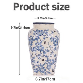 Blue and White Vase,9.6 Inch Ceramic Chinoiserie Floral Vase,Vintage Pottery Vase,Farmhouse Flower Vase for Rustic Home Decor,Living Room, Kitchen, Bookshelf, Office, Shelf, Mantel, Centerpieces