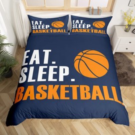 Feelyou Basketball Comforter Cover Set 3D Ball Sports Bedding Set for Boys Girls Women Men Blue Eat Sleep Basketball Bedding Duvet Cover Set Ball Games Room Decor Queen Size Bedspread Cover 3Pcs