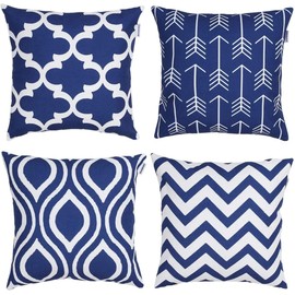 TIDWIACE Set of 4 Navy Blue Cushion Cover 45 x 45 cm Cotton and linen Decorative, Square Modern Outdoor Throw Pillow Cases for Sofa Bedroom 18 x 18 Inch With Invisible Zipper