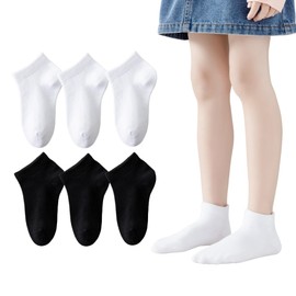 Girls Seamless Socks Low Cut Ankle Socks 7-10 Boys Kids No Show White Cotton Sock Black/White 6 Pack