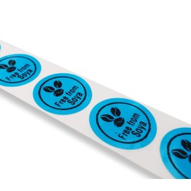 1000 x roll 25mm Round Blue Free from SOYA Labels Permanent allergen Safety Intolerance Stickers