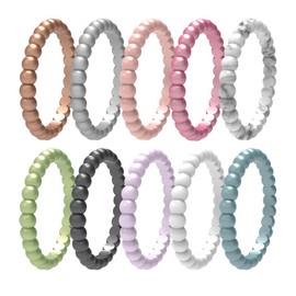 icooci 10 Packs Stackable Braided Silicone Wedding Ring – Thin and Stackble Braided Rubber Wedding Bands,No-Toxic,Skin Safe – Comfortable Minimalist Band –Beads Collection