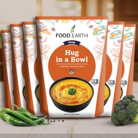 Food Earth Hug in a Bowl Soup, Pack of 6 (300 g Each), Vegan & Gluten-Free, Ready-to-Eat Five Lentil Soup with Coconut Cream & Indian Spices, 10.58 oz Each