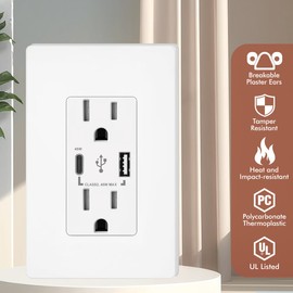 Micmi USB C Outlet PD 45W Power Delivery Decorator Receptacle 4.8A Receptacle, in-Wall Charger with 15 Amp, 125 Volt Tamper-Resistant Outlet Charger (1, White, USB C+A PD 45W)