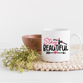 Girly Stay Beautiful Quote w/Eyelash, Lipstick, Powder Brush, Heart & Arrow Design - Beauty Themed Merch for Makeup Artist or Cosmetologist, Gift for Makeup Lovers & Beauticians, White Mug 11oz