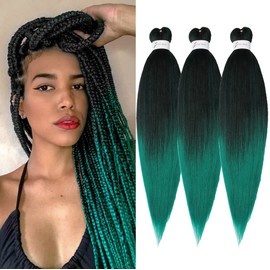 Braiding Hair Pre Stretched 14 inch 3 Packs Ombre Black to Green Professional Soft Yaki Texture,No Itch, Hot Water Setting Hair Extensions for Braids (14in,1B/Green)