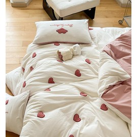 Lanqinglv Hearts Bed Linen 135 x 200 cm White with Pink Heart Pattern, Tufted Exquisite Embroidery Oeko-Tex Bed Linen Set Girls Romantic Duvet Cover with Zip and 1 Pillowcase 80 x 80 cm