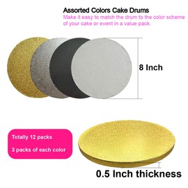 ANSSDO ANSSDO 12 Packs Thick Cake Drums, Greaseproof 8 inch Assorted Round Cake Drum in Gold Black Sliver White Cake Base, Cardboard Cake Boards for Presenting Heavy/Tall Tiered Cakes, Base para Pastel