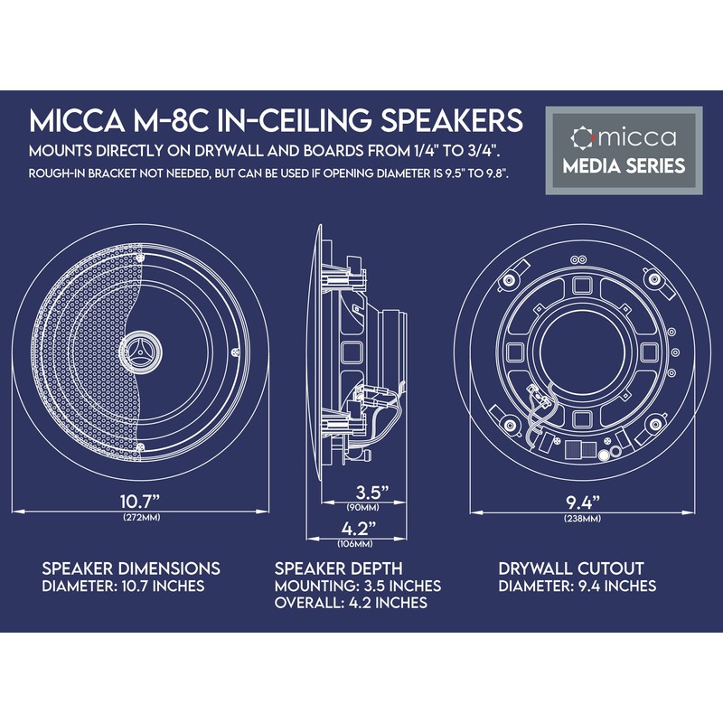 Micca M-8C 8 Inch in-Ceiling Speaker for Whole House Audio,