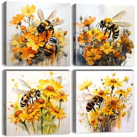 Daisy Flower Wall Art Fall Bee Wall Decor Abstract Nature Wildflower Canvas Pictures for Bathroom Decor Autumn Yellow Floral Paintings Artwork Bee Kitchen Decor Living Room Home Decoration 12x12" 4Pcs