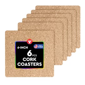 Hygloss Products Natural Cork Coasters - Eco Friendly Absorbent Square for Drinks, Trivets, and DIY Crafts, 3mm, 6 inch, Set of 6