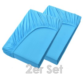 NatureMark Basic Set of 2 Jersey Fitted Sheets, 90 x 190 cm, 100 x 200 cm, 25 cm Bridge, 100 x 200 cm, 100% Cotton, turquoise