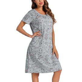 ENJOYNIGHT Womens Nightgown Cotton Short Sleeve Sleepwear V-Neck Casual Print Sleepshirt With Pockets(S-Black Cat,Medium)