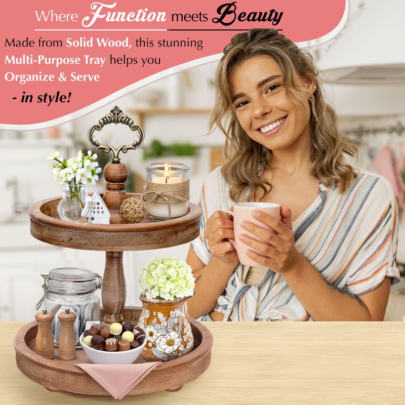 2 Tiered Tray Stand [Includes 3 Changeable Handles] - Rustic
