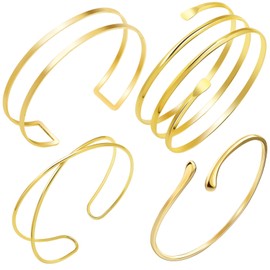 RechicGu 4 Pcs Minimalist Gold Arm Cuff Upper Arm Jewelry for Women Adjustable Upper Arms Cuff Bracelet Bangle Stackable Coil Armband Jewelry Set for Women Boho Summer Beach Party Gold A