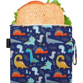 Reusable Sandwich Bag/Snack Bag for Kids & Adults, Dual Layer Lunch Bag with Handle, Cosmetic Bag Makeup Travel Bag for Women Girls, Washable, Food Safe, BPA Free (1-Pack, Dinosaur)
