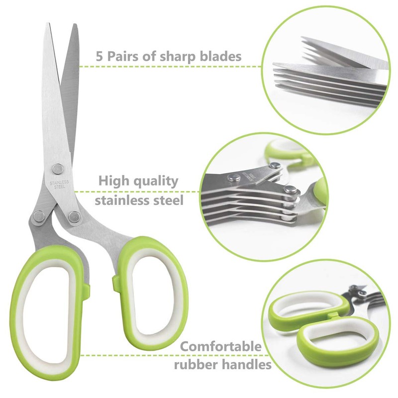 5-Blade Herb Cutter Scissors with Safety Cover, Cleaning Comb -