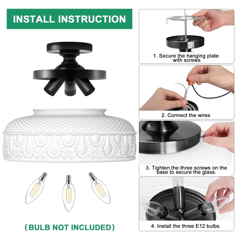 Lamomo Semi Flush Mount Ceiling Light,White Glass Shade Black Hallway