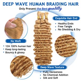 Bizvus 22inch Human Braiding Hair for Boho Braids 110g Deep Wave Boho Bulk Human Hair for Braiding Knotless 12A Wet and Wavy Bulk Bohemian Curly 3 Bundles/Pack #27 Honey Blonde Color