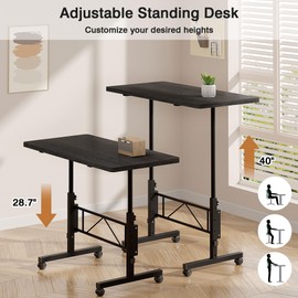 VECELO Small Standing Desk Adjustable Height, Mobile Computer Workstations with Wheels, Portable Rolling Laptop Table for Walking Pad, Home Office, Matte Black