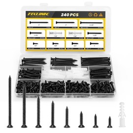 Wood Screws Assortment Kit, FIXLINK 240 PCS High Hardness Flat Head Wood Screws Set, Phillips Drive Assorted Screws, Contain 15PC Anchors and 8 Size (2-1/2”,2”,1-1/2”,1-1/4”,1”,3/4”,5/8”,1/2”), Black