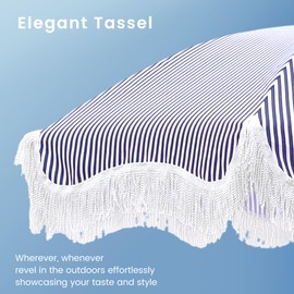 PHI VILLA 7ft Beach Umbrella with Fringe & Sand Anchor, Outdoor Patio Heavy Duty Windproof Portable Tassel Umbrellas for Sand with Push Button Tilt & Carrying Bag, UPF 50+, Stripe Blue & White