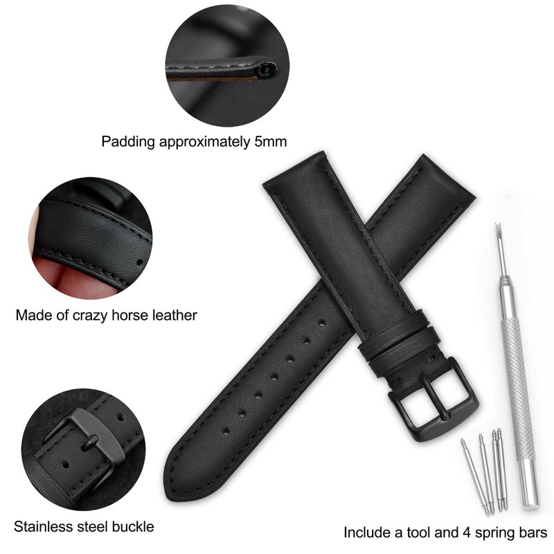 WOCCI 22mm Vintage Leather Watch Straps with Black Buckle, Replacement