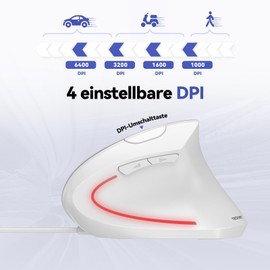 TECKNET Ergonomische Maus mit USB Kabel, 6400 DPI 6 Tasten Vertikale Maus, Optische Computermaus mit LED-Beleuchtung, Vertical Ergonomic Optical PC Mouse für Windows und Mac OS