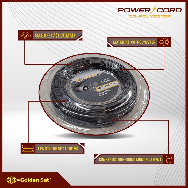 Golden Set Power Cord 17g (1.30mm), Reel (660ft/200m), Polyester Tennis