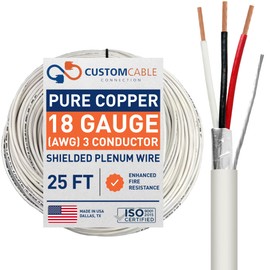 18 Gauge Wire (18 AWG) – 3 Conductor Stranded Copper Shielded Cable – 18/3 Home Electrical Wire – Low Voltage Up to 300V – CMP/CL3P Low Smoke Plenum Jacket – USA Made (25ft - White)