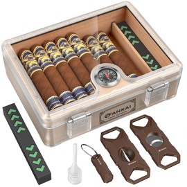 FANKAI Humidor Cigar Box, with Straight Cutter Guillotine, V cut, Puncher & Holder Tool, Glass top Cigars Case, Cedar Wood Lining, Humidifier Hygrometer Accessories, Cigar Gift Set