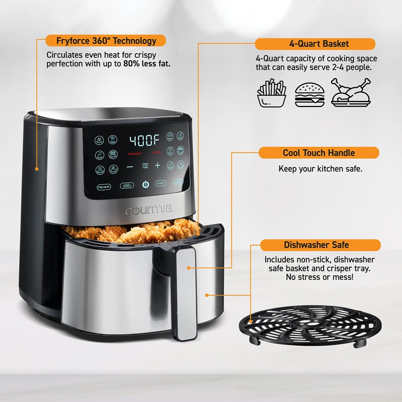Gourmia 4-Qt Digital Air Fryer with Guided Cooking, Easy Clean,